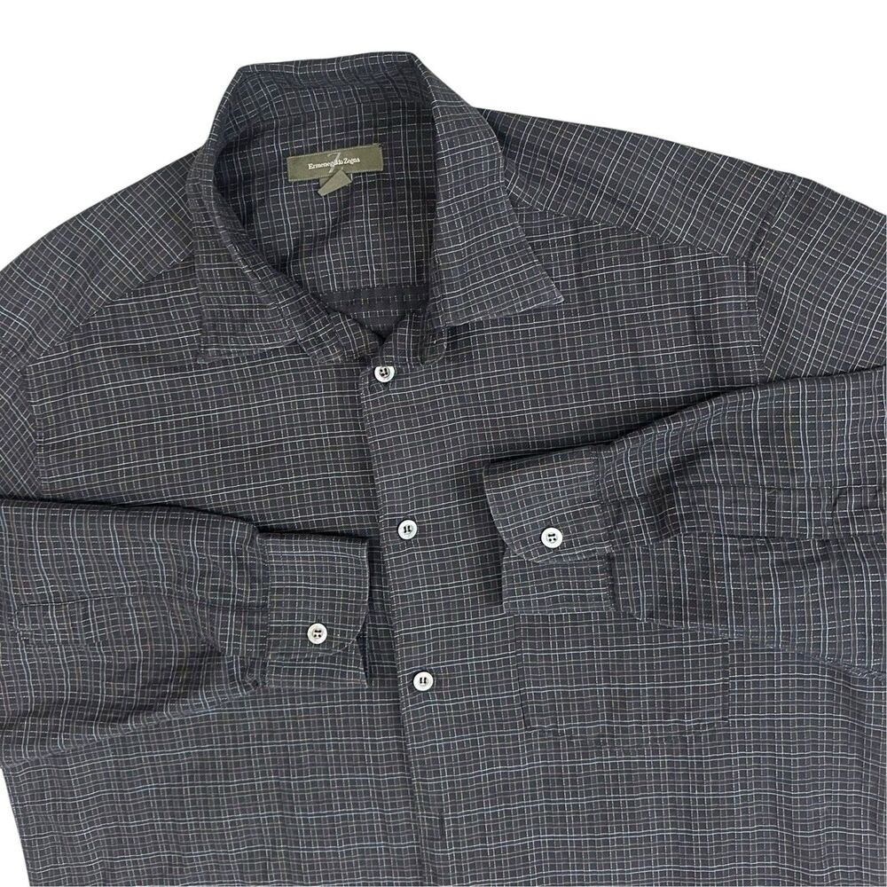 Ermenegildo Zegna Button Up Dress Shirt Men’s L Textured Micro Grid Black Italy
